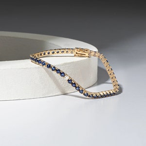 14K Gold Blauer Saphir Tennis Armband mit Diamant Akzent