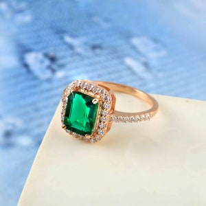 14K Solid Gold Emerald Ring Vintage Emerald Engagement Ring, 14k Rose Gold Ring Gift Unique Antique Wedding Promise Anniversary Ring For Her