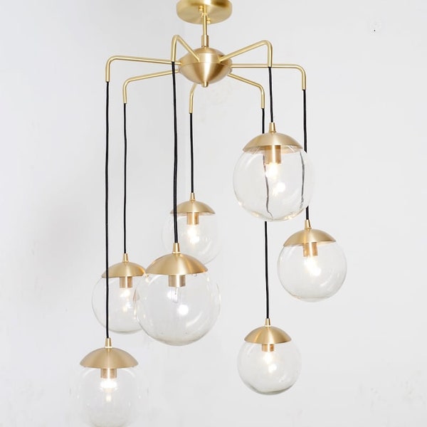 Mid Century Globe CASCADING BUBBLES Chandelier , Modern Statement Brass and Glass Globes Ceiling Light '70s, Dining Room Chandelier 7 light.