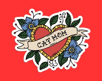 Cat Mom Sticker | Heart Sticker, Flower Sticker, Tattoo Sticker, Floral Sticker, Car Sticker, Waterbottle Sticker, Cute Cat Sticker