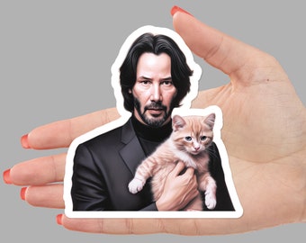 Keanu Reeves with a Cat Sticker Decal - Vinyl Sticker, laptop sticker, water bottle sticker, friend gift, funny stickers, funny gift