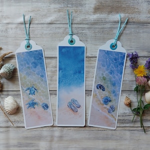 bookmark, seaside vacation, beach vacation, white sand, watercolor art, sea turtle, flip flop, seashell, book lover