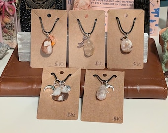Flower Agate Crystal Necklace: Moon Charm, Wax Cord