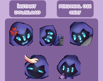 May include: A digital art graphic featuring five Valorant Omen emotes. Each emote depicts a character with a purple hood and glowing blue eyes, expressing different emotions. Text includes "Instant Download" and "Personal Use Only."