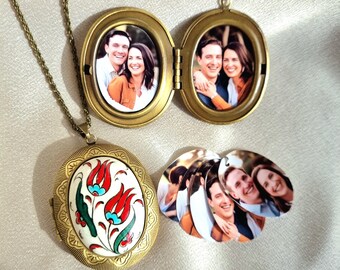 Ceramic Customized Photo Locket, Vintage Style Engraved locket, Unique Personalized Keepsake Necklace Gift