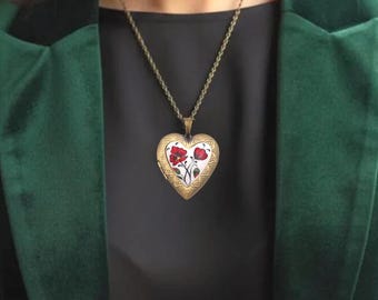 Ceramic Poppy Memorial Heart Locket, Remembrance Photo Necklace, Sympathy Keepsake Jewelry