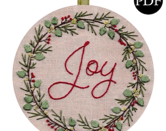 Joy Wreath Embroidery Pattern: Floral Hand Embroidery Design