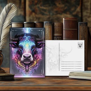 Carte postale mystique représentant un animal de pouvoir, une vache – Design spirituel, message animal ésotérique, impression artistique de haute qualité, cadeau pour les amoureux de la nature