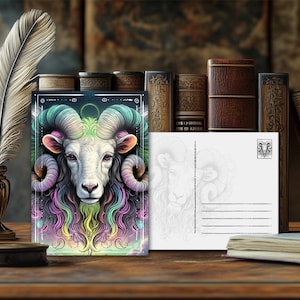 Carte postale mystique représentant un animal de pouvoir, le mouton – Design spirituel, message animal ésotérique, impression artistique de haute qualité, cadeau pour les amoureux de la nature