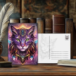 Postal de gato con animal de poder místico: diseño espiritual, mensaje animal esotérico, impresión artística de alta calidad, regalo para amantes de la naturaleza