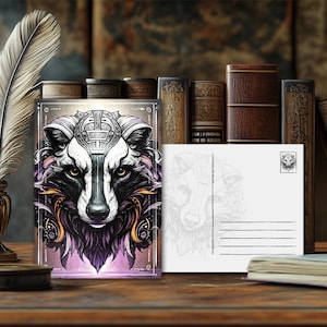 Postal de animal de poder místico Tejón: diseño espiritual, mensaje animal esotérico, impresión artística de alta calidad, regalo para amantes de la naturaleza
