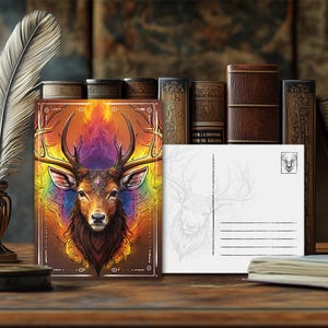 Postal de ciervo con animal de poder místico: diseño espiritual, mensaje animal esotérico, impresión artística de alta calidad, regalo para amantes de la naturaleza
