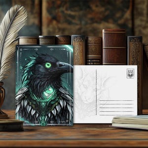 Postal de animal de poder místico Cuervo: diseño espiritual, mensaje animal esotérico, impresión artística de alta calidad, regalo para amantes de la naturaleza