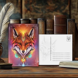 Postal de zorro con animal de poder místico: diseño espiritual, mensaje esotérico sobre animales, impresión artística de alta calidad, regalo para amantes de la naturaleza