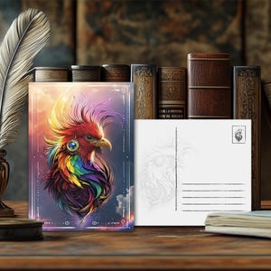 Postal de animal de poder místico Gallo: diseño espiritual, mensaje esotérico sobre animales, impresión artística de alta calidad, regalo para amantes de la naturaleza
