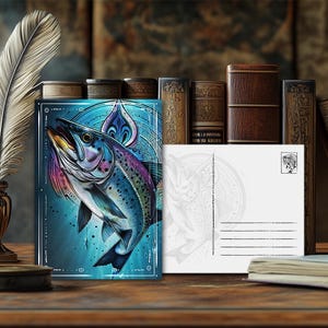 Postal de animal de poder místico Trucha: diseño espiritual, mensaje esotérico sobre animales, impresión artística de alta calidad, regalo para amantes de la naturaleza