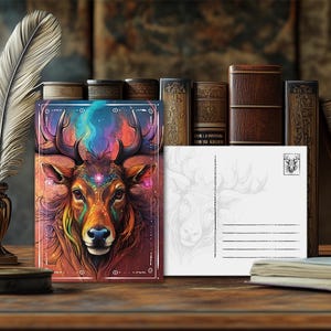 Postal de alce con animal de poder místico: diseño espiritual, mensaje esotérico sobre animales, impresión artística de alta calidad, regalo para amantes de la naturaleza