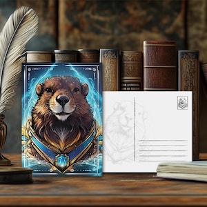 Postal de animal de poder místico Castor: diseño espiritual, mensaje esotérico sobre animales, impresión artística de alta calidad, regalo para amantes de la naturaleza