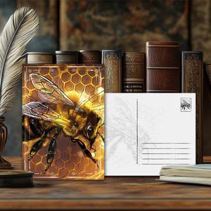 Postal de abeja con animal de poder místico: diseño espiritual, mensaje esotérico sobre animales, impresión artística de alta calidad, regalo para amantes de la naturaleza