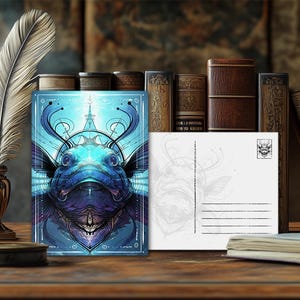 Postal de animal de poder místico, pez gato: diseño espiritual, mensaje esotérico sobre animales, impresión artística de alta calidad, regalo para amantes de la naturaleza