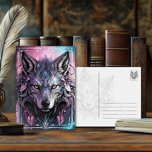 Carte postale mystique représentant un animal de pouvoir, le loup – Design spirituel, message animal ésotérique, impression artistique de haute qualité, cadeau pour les amoureux de la nature