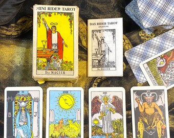 Zeldzame authentieke miniatuurrijder WAITE Tarot + gids The Magician-versie van Agm AGMÜLLER, vintage 1982. Duitse editie gemaakt in Zwitserland