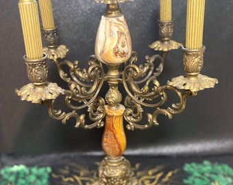 Vintage Chandelier candle stand candlelight table lamp marble (green onyx) brass Art Nouveau Baroque. Stunning antique, 5 arms candelabra