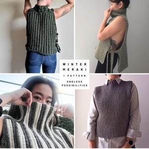 Pode incluir: Quatro maneiras diferentes de usar um colete de tric&ocirc; de gola alta. O colete &eacute; mostrado em verde, cinza e em um padr&atilde;o listrado. O texto "Winter Meraki 1 Pattern Endless Possibilities" &eacute; exibido no centro da imagem.