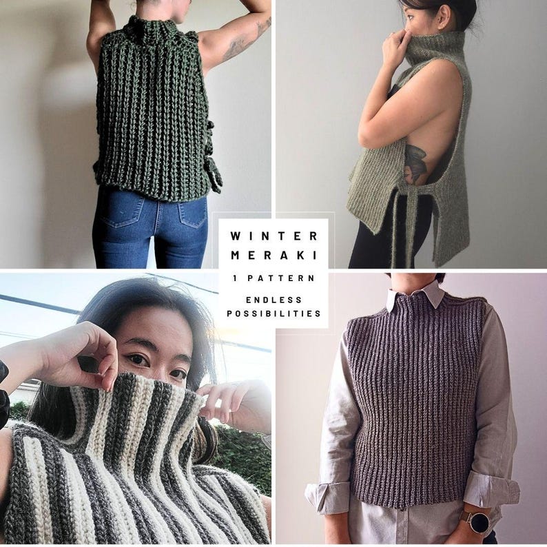 Pode incluir: Quatro maneiras diferentes de usar um colete de tric&ocirc; de gola alta. O colete &eacute; mostrado em verde, cinza e em um padr&atilde;o listrado. O texto "Winter Meraki 1 Pattern Endless Possibilities" &eacute; exibido no centro da imagem.