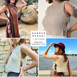 Pode incluir: Um top de croch&ecirc; com um detalhe de n&oacute; nas laterais. O top &eacute; mostrado em uma colagem de quatro imagens, com diferentes modelos usando o top em v&aacute;rios cen&aacute;rios. O texto "SUMMER MERAKI 1 PATTERN ENDLESS POSSIBILITIES" &eacute; exibido no centro da colagem.