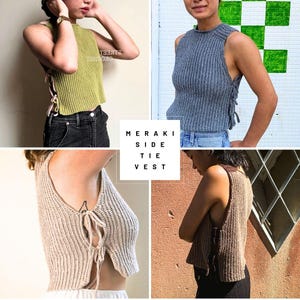 Pode incluir: Quatro varia&ccedil;&otilde;es de cor diferentes de um top de malha sem mangas com um detalhe de n&oacute; lateral. O top chama-se "Meraki Side Tie Vest".