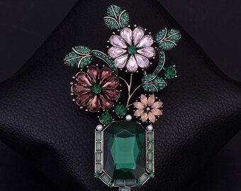 Gorgeous Vintage Style Green Rhinestone Colored Flowers Bonsai Flower Brooch Pin