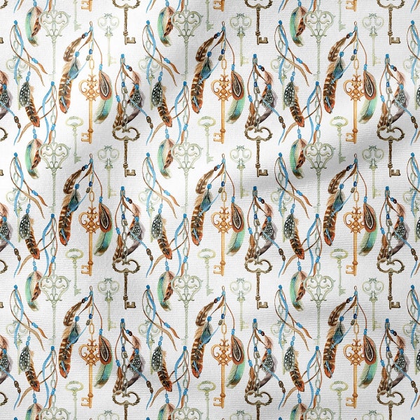 Antique key and colorful feather pattern,White background,Modern indoor fabric,Upholstery,Pillow case,Curtain,Print Fabric by the meters