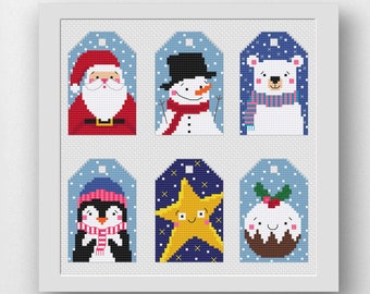 Christmas Gift Tags Cross Stitch Pattern, 6 Luggage Labels, Christmas Cross Stitch, Cross Stitch PDF, Santa, Snowman, Polar Bear, Penguin