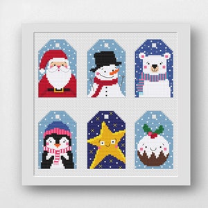 Christmas Gift Tags Cross Stitch Pattern, 6 Luggage Labels, Christmas Cross Stitch, Cross Stitch PDF, Santa, Snowman, Polar Bear, Penguin
