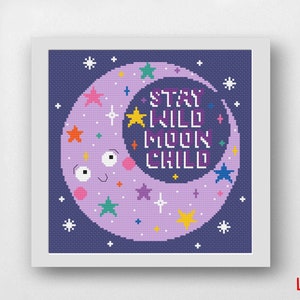 Moon Child Cross Stitch Pattern, Digital PDF Pattern, Cute Kawaii Cross Stitch, Cosmic Celestial Moon Cross Stitch, PDF Cross Stitch Chart