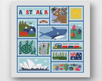 Australian Sampler, Cross Stitch Sampler, Down Under, Australia Cross Stitch Pattern, Koala, Great Barrier Reef, Kangaroo, Shark, Sydney