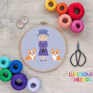 Queen Elizabeth Cross Stitch Pattern, Royal Cross Stitch, Her Royal Highness PDF Download, British Royalty, Cross Stitch Pattern, Corgis Dog