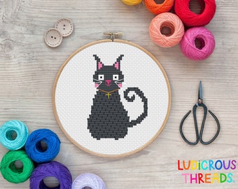 Black Cat Cross Stitch Pattern: Witchy Halloween Design (PDF Pattern)