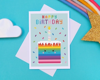 Rainbow Birthday Cake Cross Stitch Pattern, Cross Stitch Birthday Card, Cake Pattern, PDF Cross Stitch Pattern, Cute Kawaii, Pudding Pattern