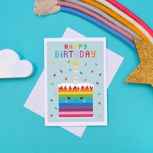 Rainbow Birthday Cake Cross Stitch Pattern, Cross Stitch Birthday Card, Cake Pattern, PDF Cross Stitch Pattern, Cute Kawaii, Pudding Pattern