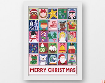 Christmas Advent Calendar Cross Stitch Pattern, Xmas Cross Stitch, Cross Stitch PDF, Merry Christmas, Santa, Reindeer, Instant Download