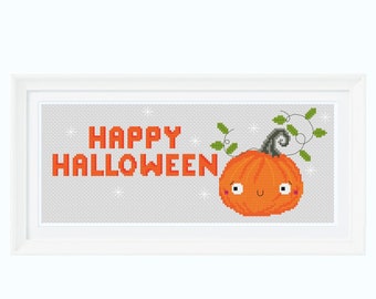 Happy Halloween Cross Stitch Pattern, Cute Pumpkin Cross Stitch, Autumn Cross Stitch, Digital Download PDF Pattern, Halloween Banner, Spooky