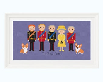 Royal Family Cross Stitch, Queen Elizabeth Cross Stitch Pattern, King Charles III, Her Royal Highness PDF Download, William, Harry, Corgis