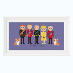 Royal Family Cross Stitch, Queen Elizabeth Cross Stitch Pattern, King Charles III, Her Royal Highness PDF Download, William, Harry, Corgis