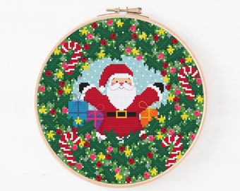 Christmas Wreath Cross Stitch Pattern, Santa Stop Here Cross Stitch, Santa Claus Cross Stitch PDF Digital Pattern, Candy Cane XStitch Chart
