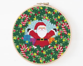 Santa Christmas Wreath Cross Stitch Pattern (PDF Digital Pattern)