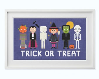 Trick or Treat Cross Stitch, Halloween Cross Stitch Pattern, Cute Kawaii Cross Stitch, Frankenstein, Dracula, Witch, Pumpkin, Digital PDF