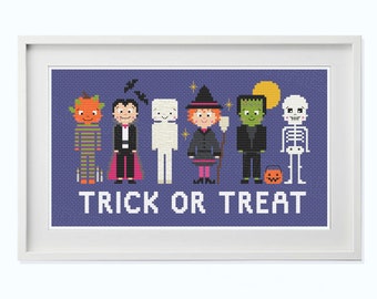 Trick or Treat Halloween Cross Stitch Pattern: Kawaii Spooky Characters (Digital PDF)