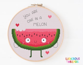 One In a Melon Cross Stitch Pattern, Fruit Pattern, Watermelon Cross Stitch Pattern, Digital PDF Pattern, Cute Fruit Cross Stitch Chart